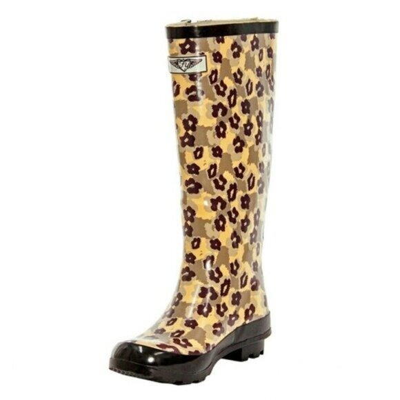 Women's Rainboots, Rubber Tall Rain Boots, RB-1403, Leopard, Size 6 - Picture 2 of 4